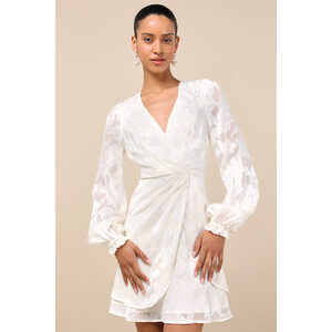 Lulus Callias Ivory Burnout Floral Jacquard Long Sleeve Mini Dress White